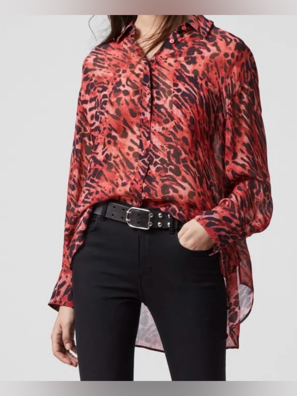 ALL SAINTS:BERNIE AMBIENT PINK/BLACK ANIMAL PRINT BLOUSE. SIZE XL $222 RETAIL